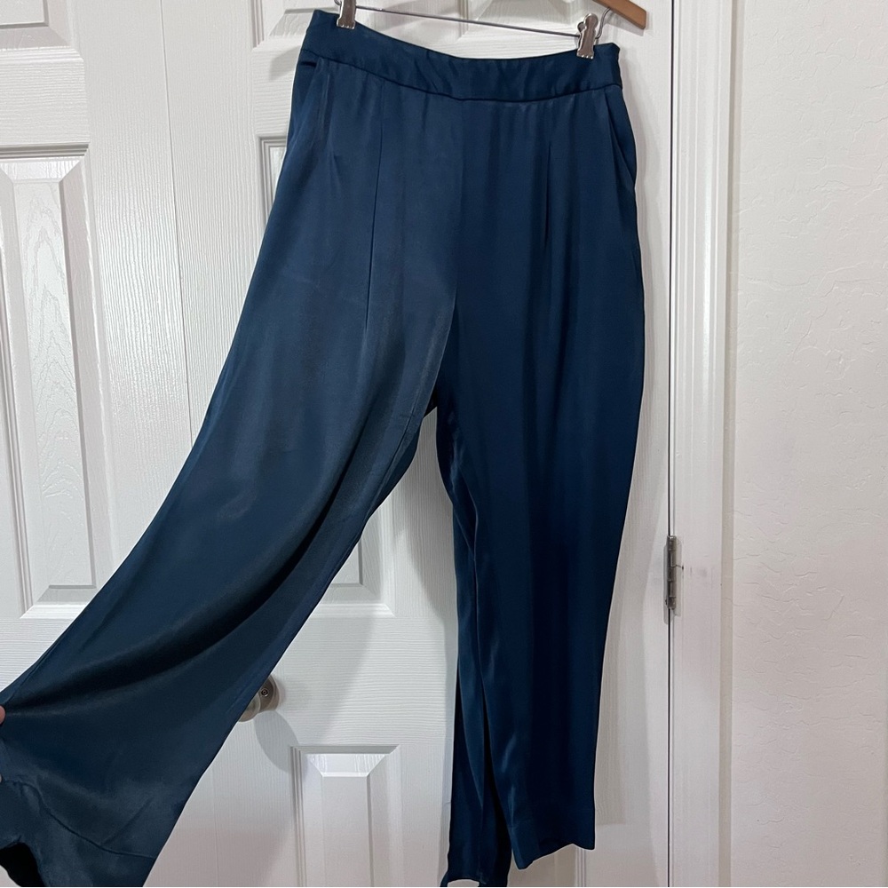 Anthropologie ett:twa Silky Satin Tie Waist Pants Tapered Ankle Blue Size US 8 - Picture 2 of 10